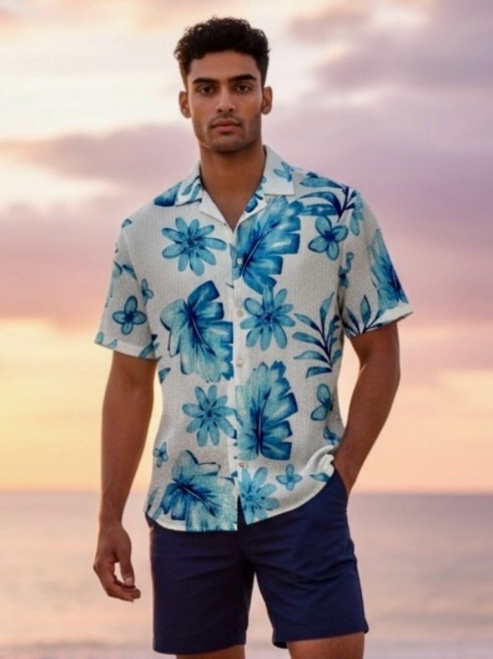 Cremieux Supima Cotton Hawaiian Floral Shirt Men’s Medium Blue White Resort Wear